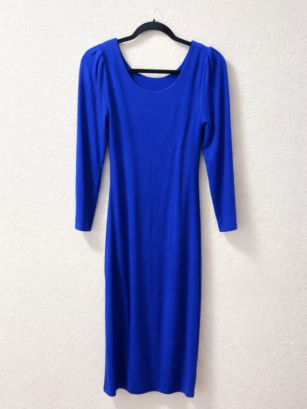 Carmen Marc Valvo Blue Bodycon Dress Plunge Back Puff Sleeve XS